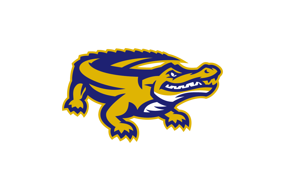 university spirit logo of a gold and purple gator 