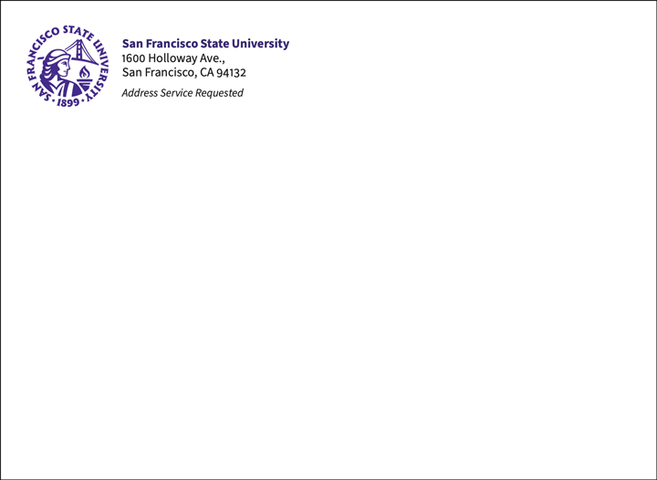 SFSU Notecard Envelope with logo and contact information