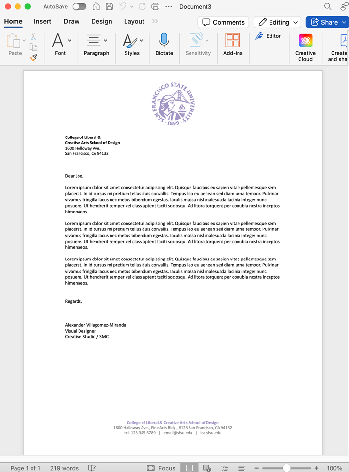 SFSU Electronic Letterhead example in MS Word