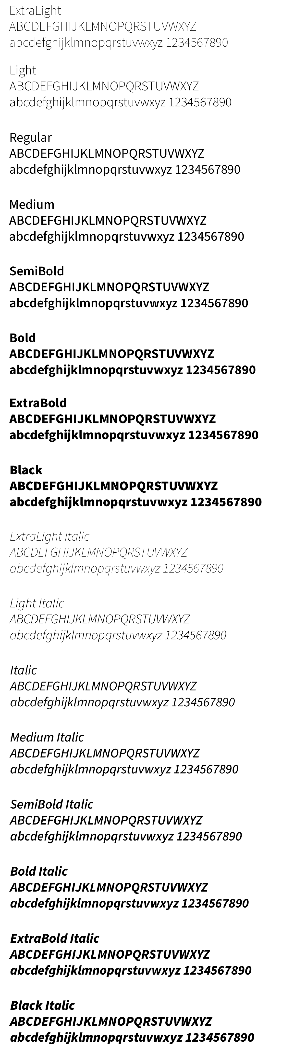 render of source sans pro 3 font listing the alphabet and numeric characters, in regular, italic, bold, bold italic